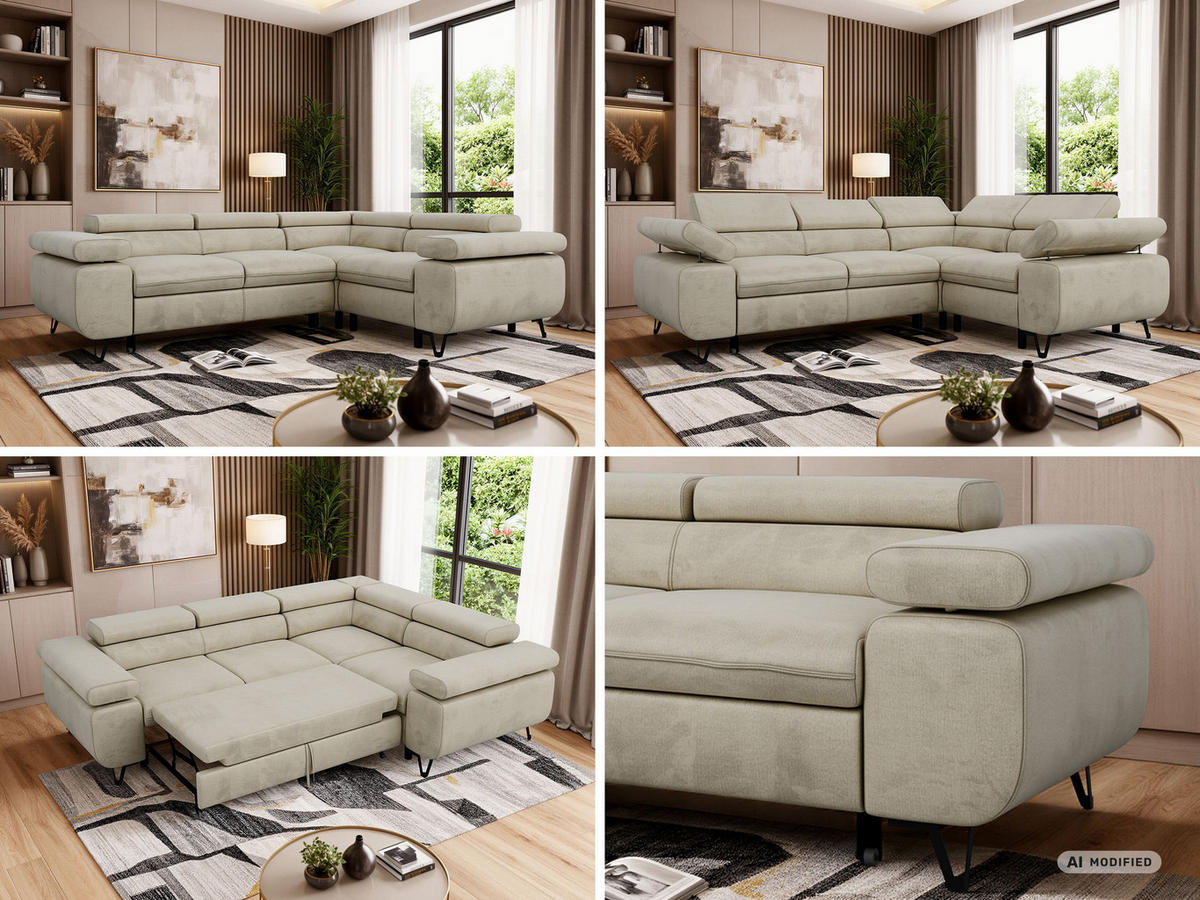 ECKSOFA FALCO L - Beige Velvet - Rechts Seite - Beige/Schwarz, Textil/Metall (268/197cm) - MKS