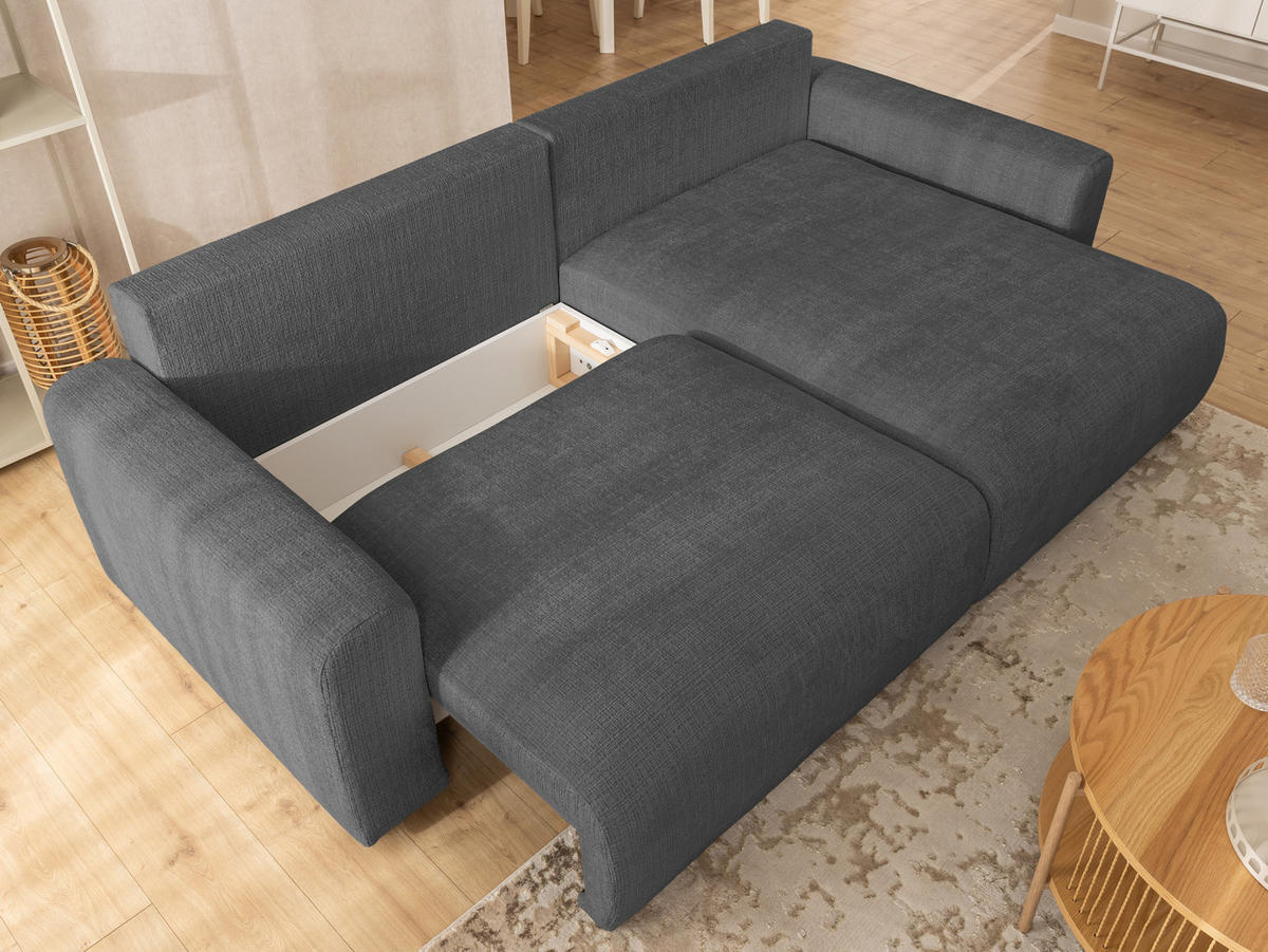ECKSOFA Calma mit Schlaffunktion und Bettkasten im Bumpy-Design aus weichem Grau Chenille-Stoff - Ottomane rechts - Beige/Schwarz, Holz/Kunststoff (239/140cm) - S-Style Möbel