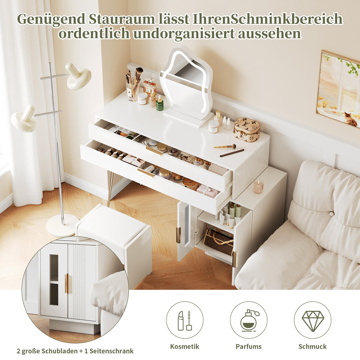 SCHMINKTISCH in Weiß mit LED-Spiegel & Seitenschrank - Weiß, Holzwerkstoff (100/78/40cm) - Urban Meuble