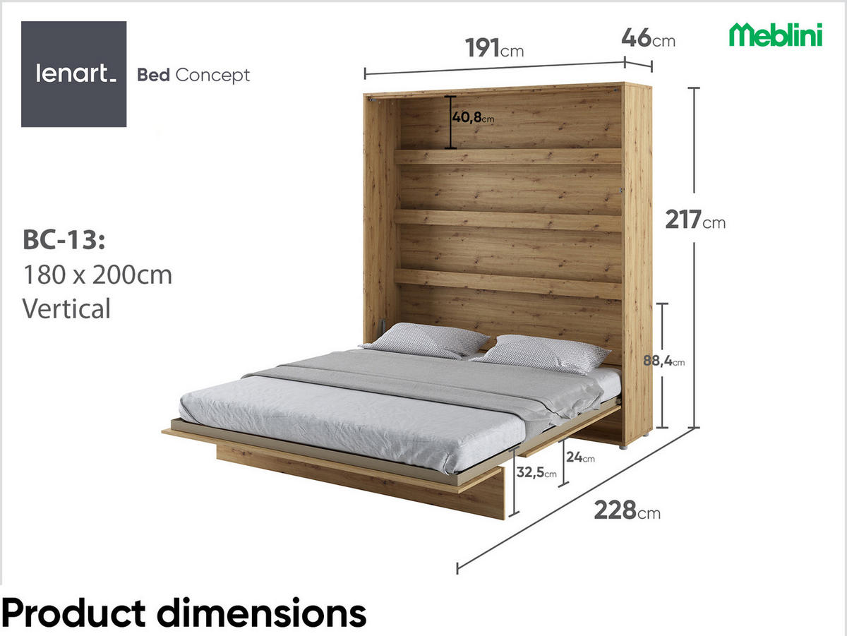 SCHRANKBETT BC-13 - 180x200cm Vertikal - Artisan Eiche - Eiche Artisan, Holzwerkstoff (180/200cm) - Meblini