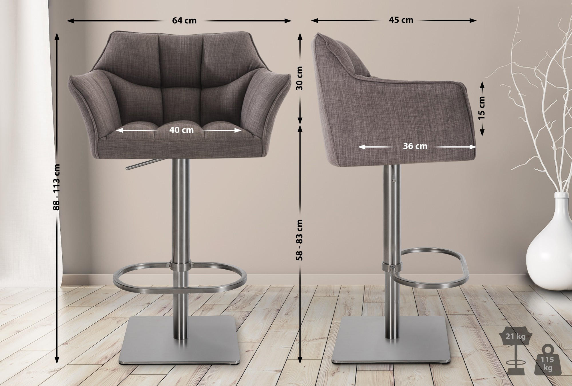 BARHOCKER 2er Set Stoff Grau - Edelstahlfarben/Grau, Textil/Metall (64/88/45cm) - CLP