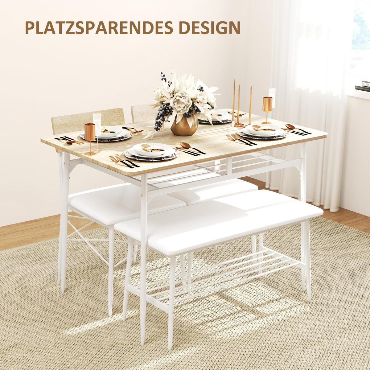 ESSGRUPPE 4er-Set, Esstisch mit Bank und 2 Stühlen, Küchentisch-Set mit Ablage - Eichefarben/Weiß, Kunststoff/Metall (70/75/110cm) - HOMCOM