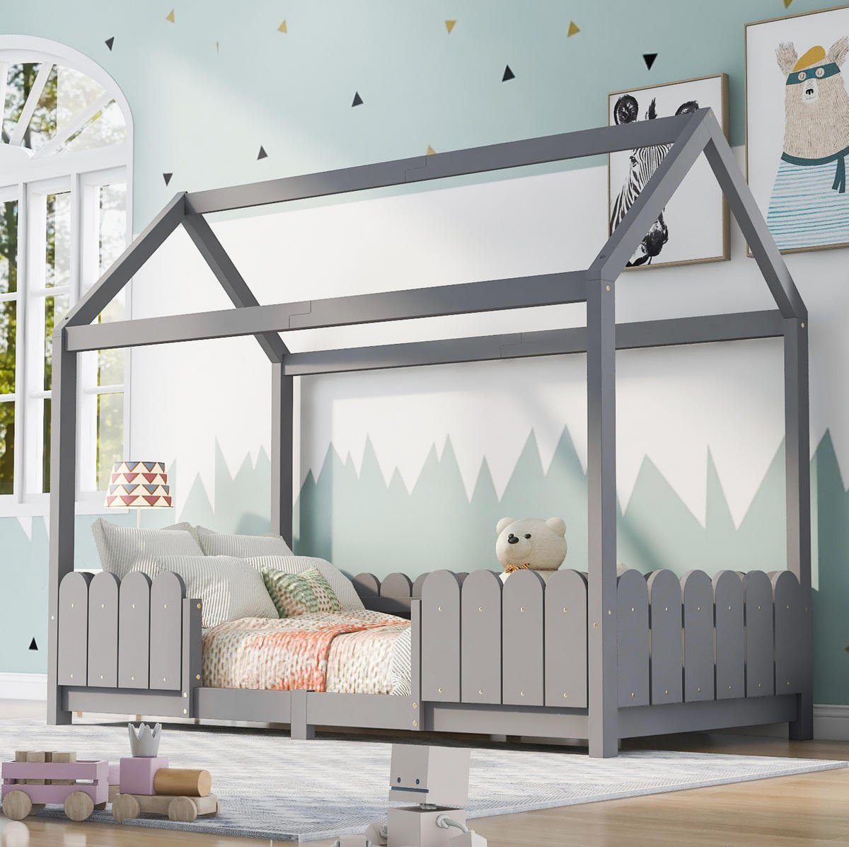 HAUSBETT 90/200 cm in Grau – mit Dach, Rausfallschutz und Lattenrost - Grau, Holz (90/200cm) - BEAOK