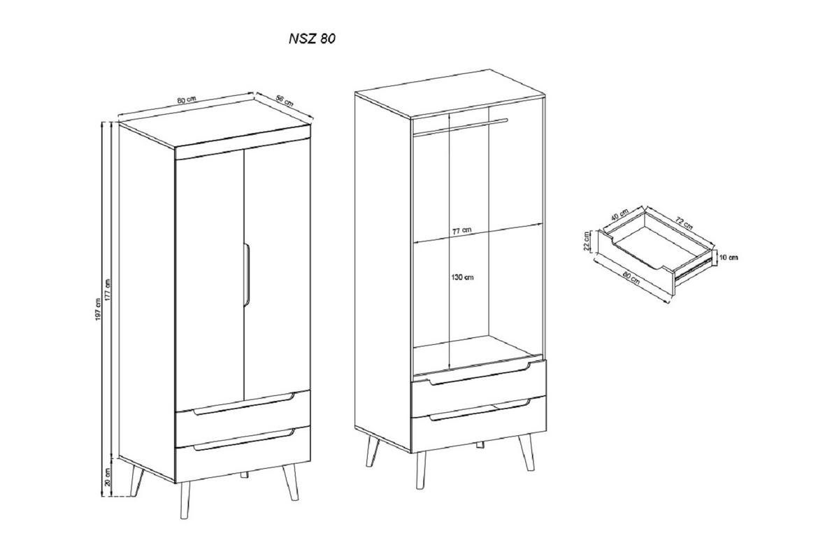 KLEIDERSCHRANK Nodis Weißer Glanz, Schrank mit Schubladen - Weiß/Braun, Holzwerkstoff (80/197/56cm) - Bettso