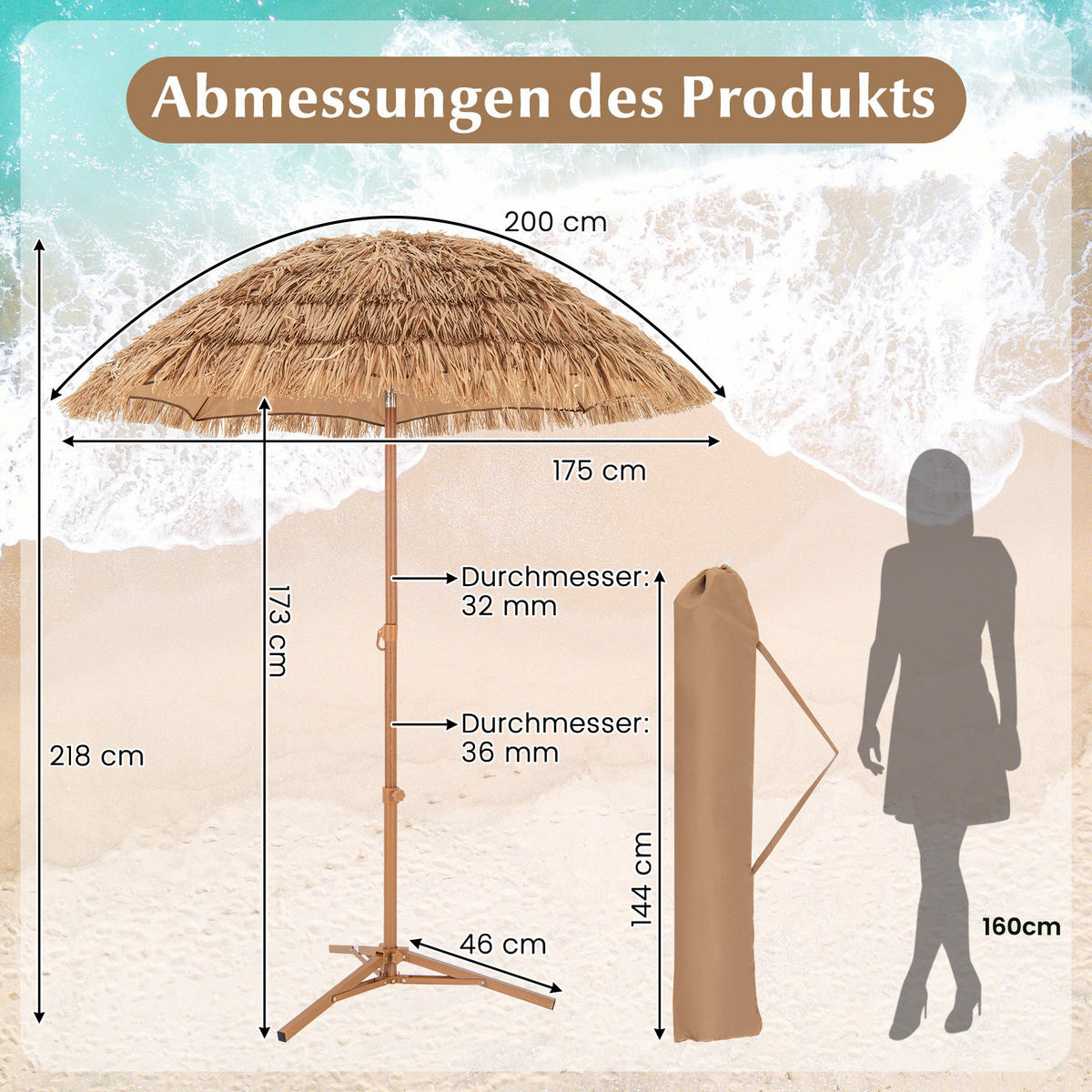 SLNEČNÍK prírodný - prírodná farba, plast (200/200cm) - COSTWAY
