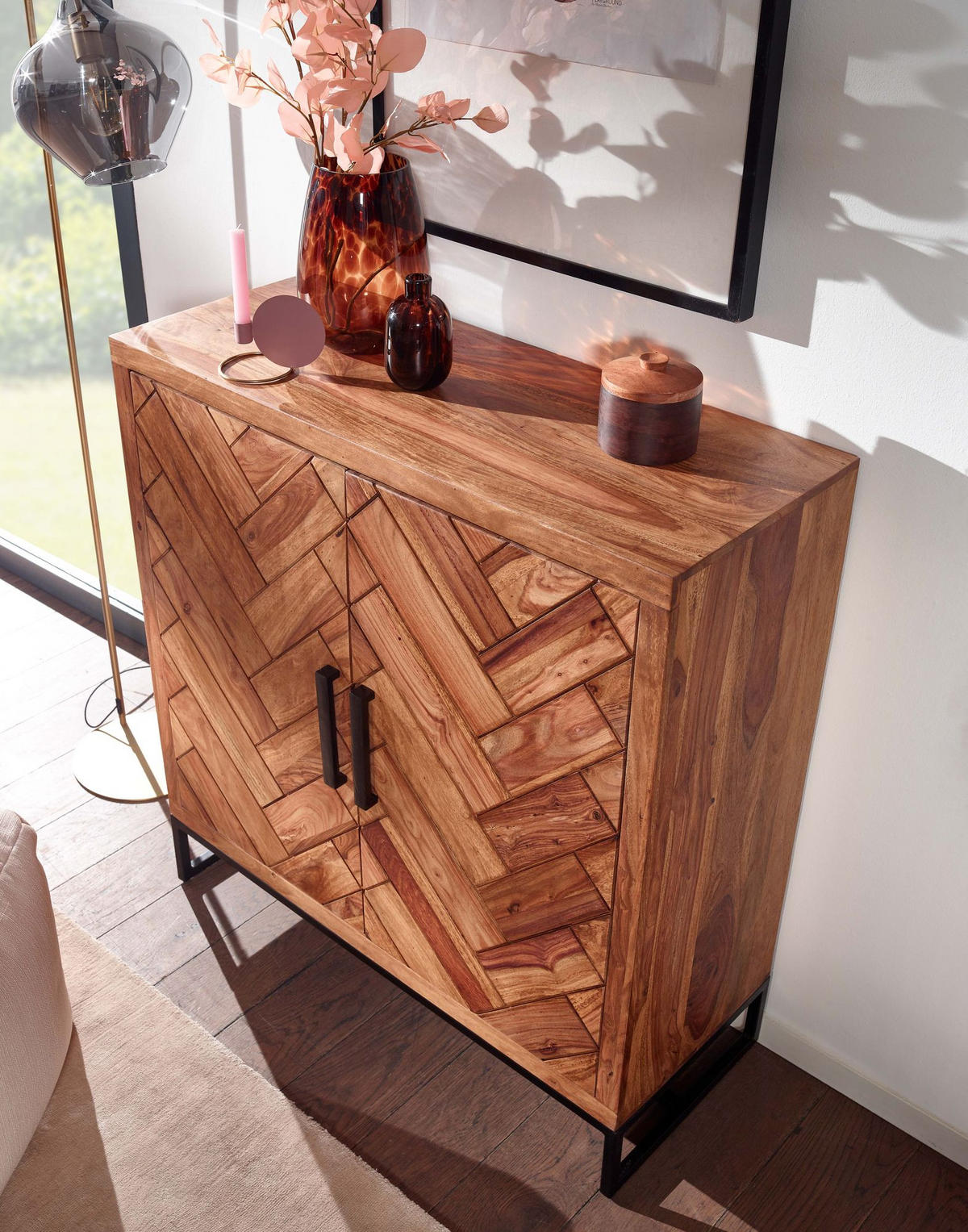 SCHUHSCHRANK – Massivholz, 100x105x40 cm, Fischgrätmuster, große Ablage - Schwarz/Braun, Holz/Metall (100/105/40cm) - KADIMA DESIGN