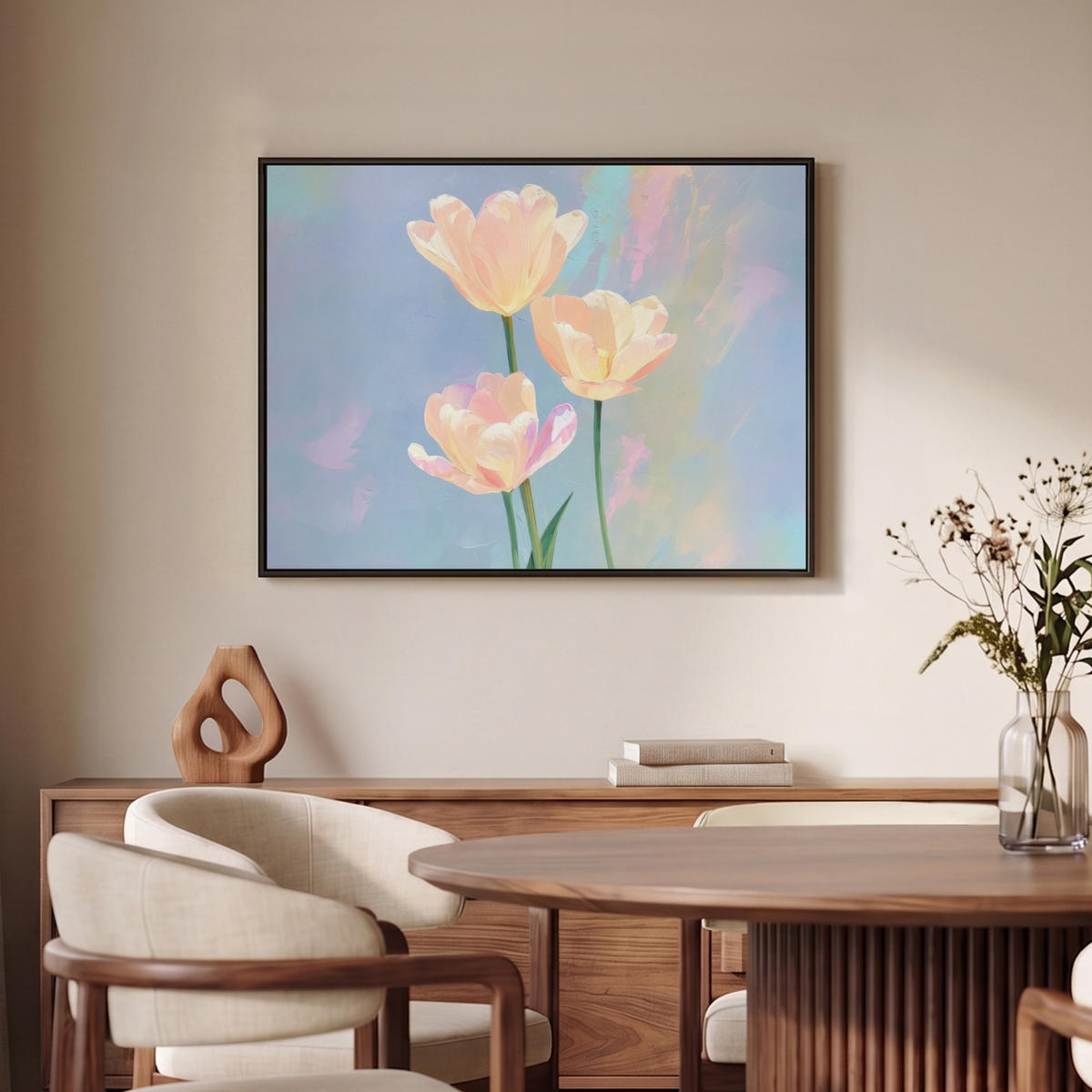 LEINWAND Bilder mit Rahmen - Tulpen - Rosa Akzente - Blau - 80x60 - Pastellblau, Textil (80/60cm) - MuchoWow