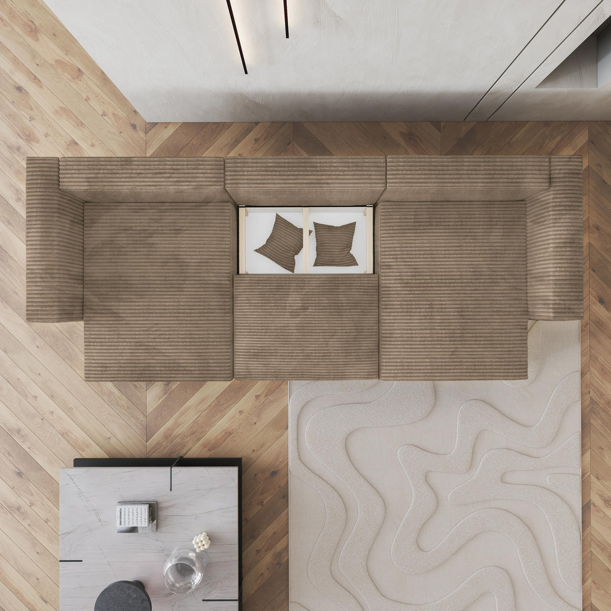 WOHNLANDSCHAFT SARMO Beige Kordstoff mit Schlaffunktion - Beige, Holz (347/90/148cm) - MASSENO