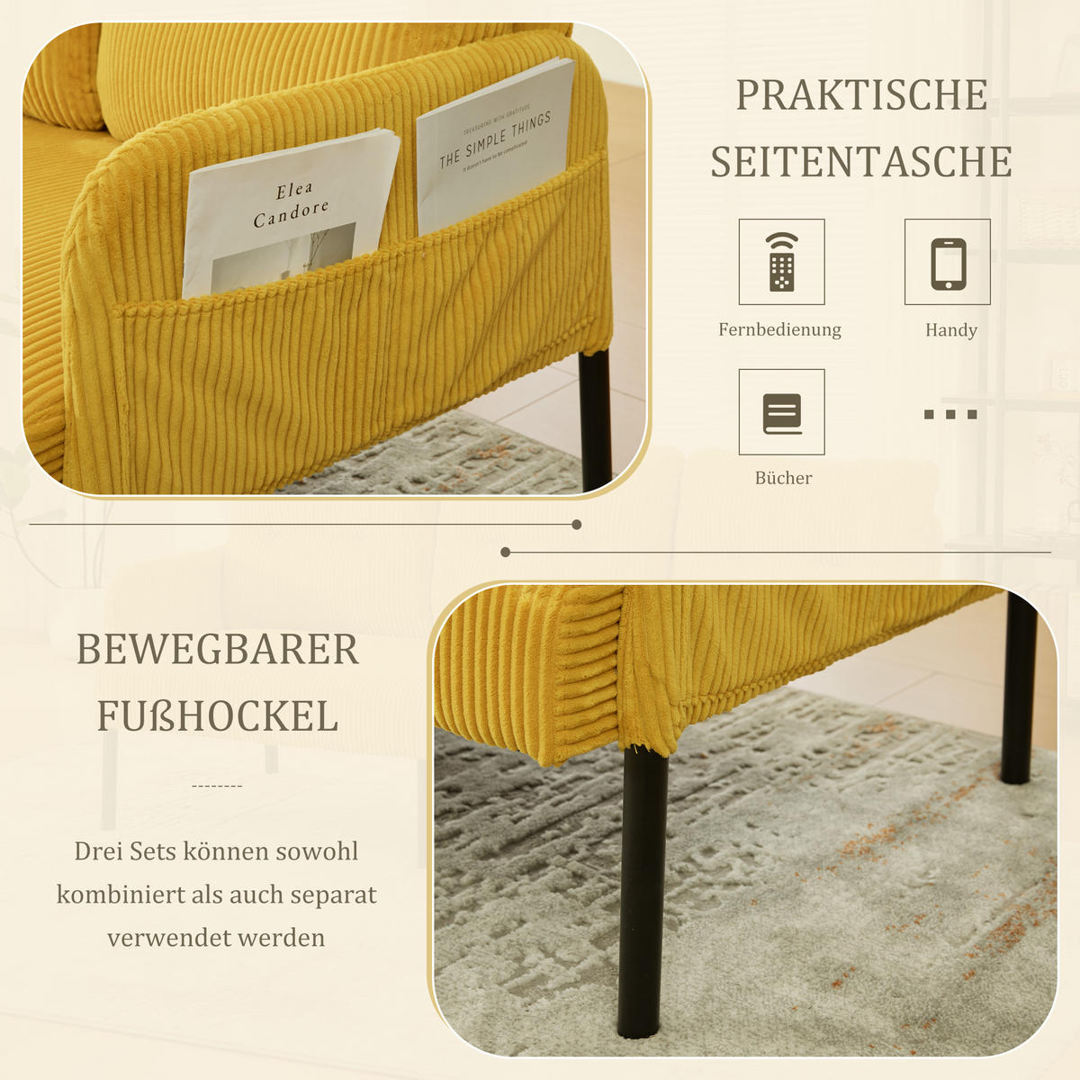3-SITZER Sofa mit Seitentaschen, Metallgestell & Leinenstoff, 171cm, Gelb - Gelb/Schwarz, Textil/Metall (171/80/72cm) - LVHOM