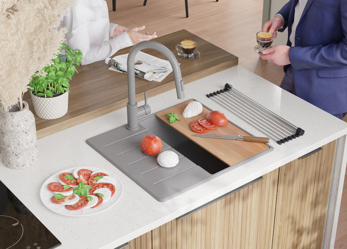 SPÜLBECKEN Kopenhagen, 2-er set Grau 55/50 cm 1 Becken + Ablauf-Set + Schneidebrett ab 40er Unterschrank - Chromfarben/Beige, Kunststoff (55/20/50cm) - Primagran