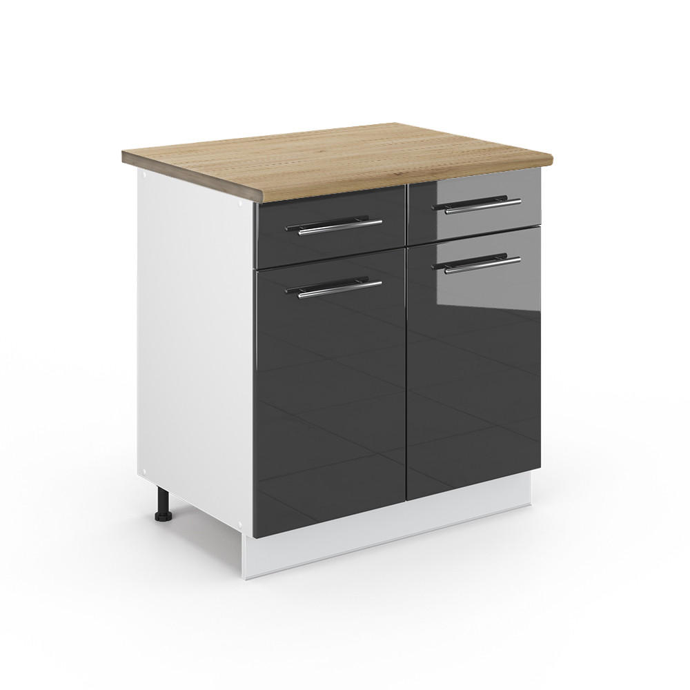 KÜCHENUNTERSCHRANK Fame-Line Anthrazit Hochglanz 80 cm, AP Eiche - Anthrazit/Weiß, Holzwerkstoff (80/82/60cm) - Vicco