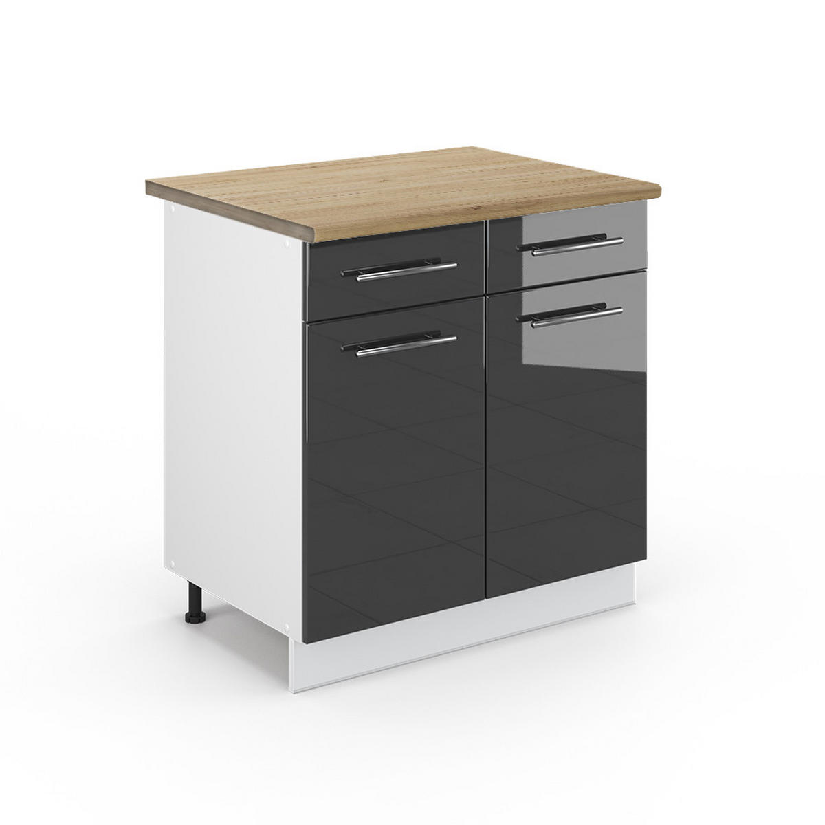 KÜCHENUNTERSCHRANK Fame-Line Anthrazit Hochglanz 80 cm, AP Eiche - Anthrazit/Weiß, Holzwerkstoff (80/82/60cm) - Vicco