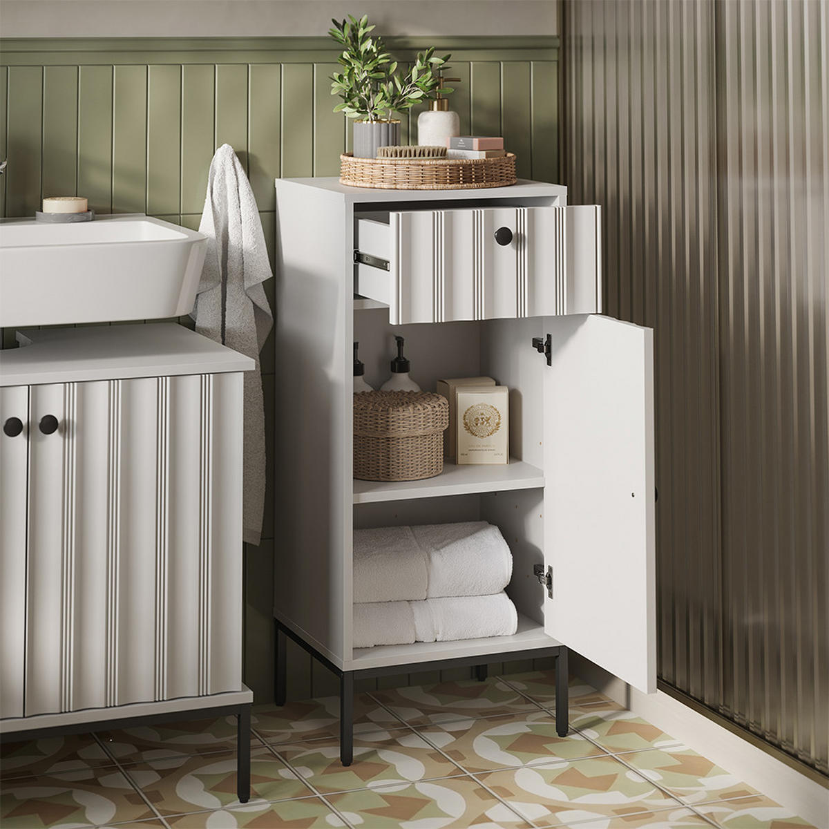 BADMÖBEL-SET Eliza Weiß Riffel 4 Teile - Weiß, Holzwerkstoff (70/65/45cm) - Vicco