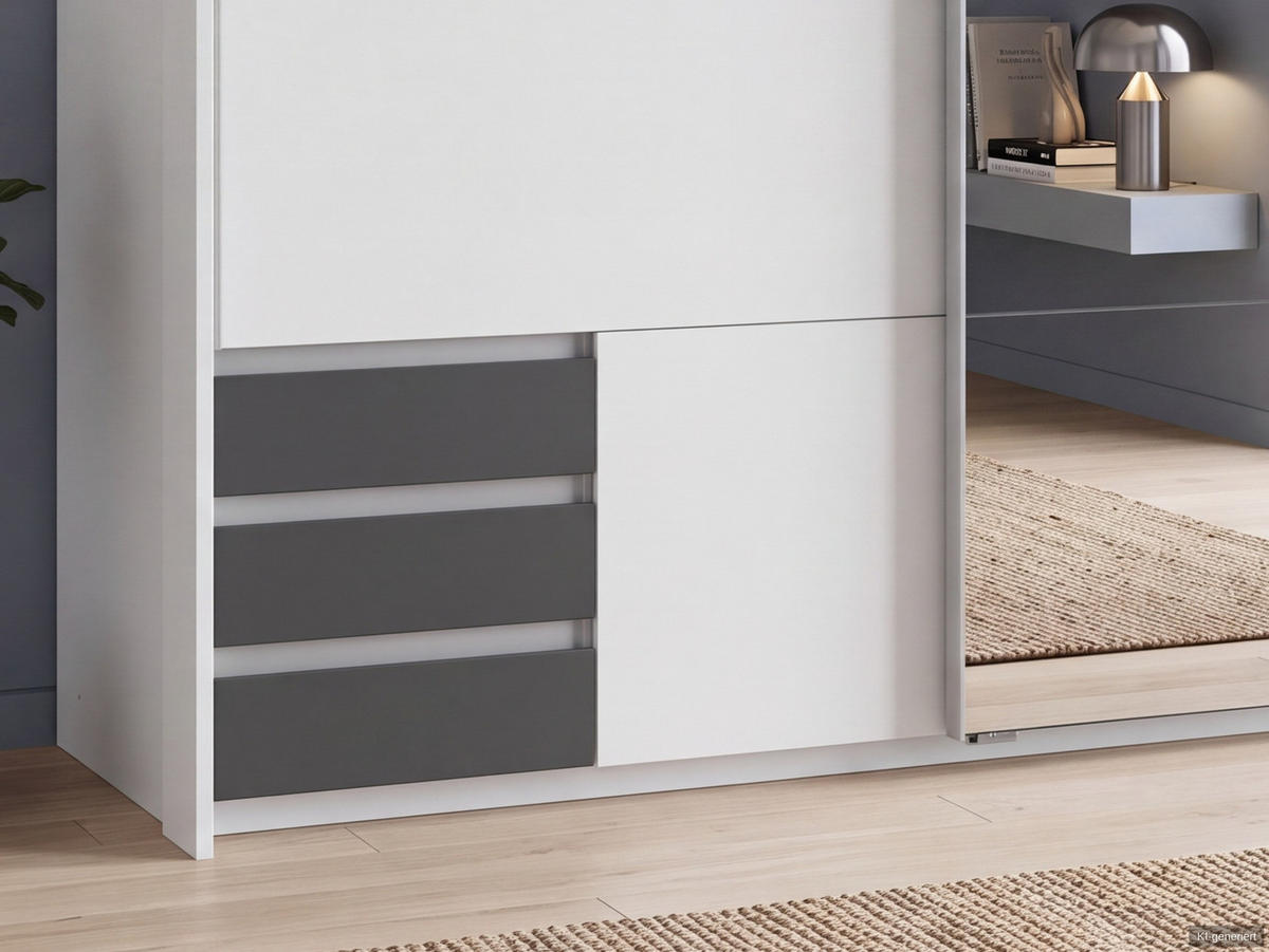 SCHWEBETÜRENSCHRANK 2-türig B183/H200/T65 cm, Passepartout-Kleiderschrank in Weiß, 1x Tür & sichtbare Schubkästen in Grafit mit Spiegel / 22710 - Alufarben/Graphitfarben, Holz/Holzwerkstoff (183/200/65cm) - luma-home