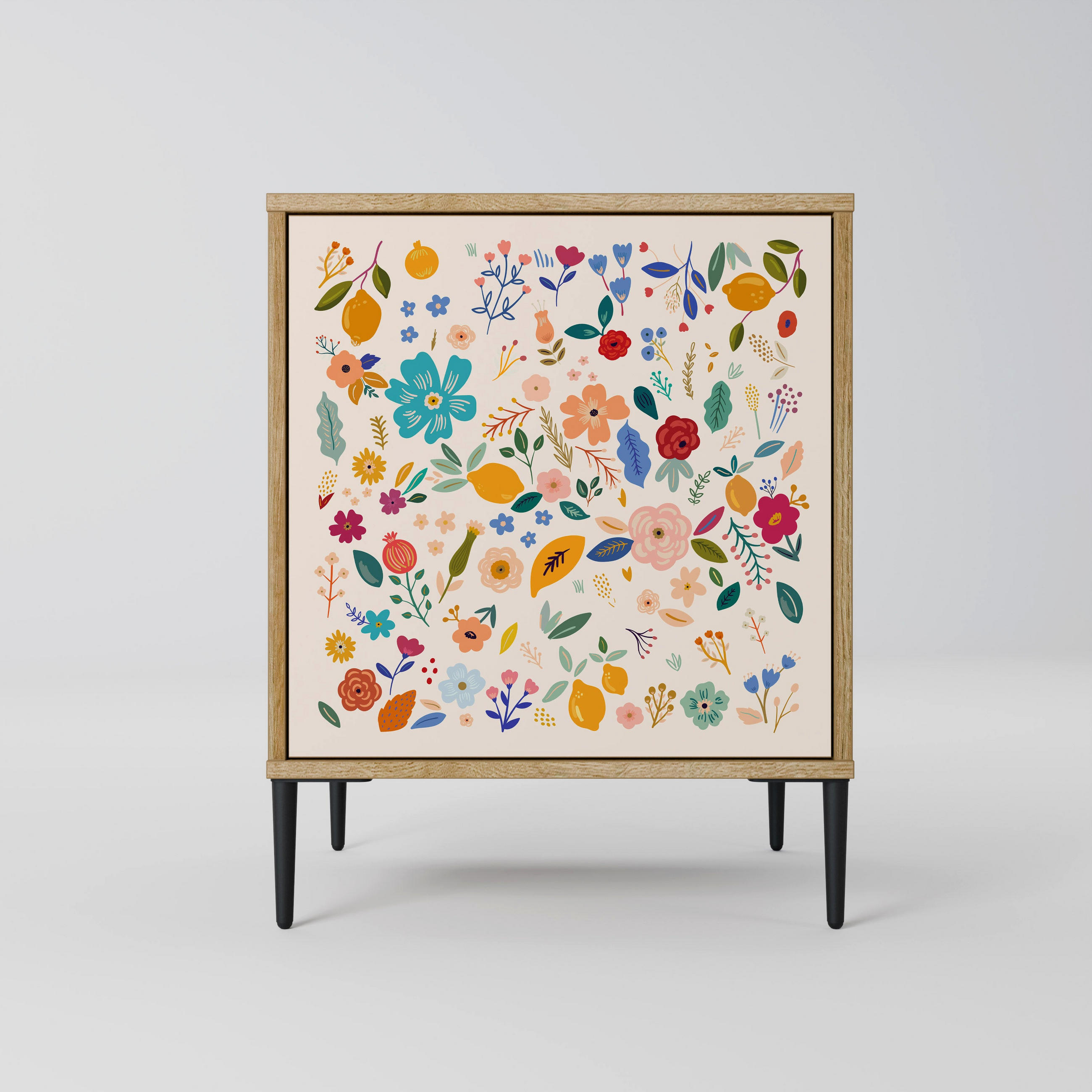 SIDEBOARD FLORAL COMBINATION, Eichefarben, 57,5x42x72,5 cm, Schwarze Metallfüße - Eichefarben/Multicolor, Holzwerkstoff/Metall (57.5/72.5/42cm) - SpaceRebels