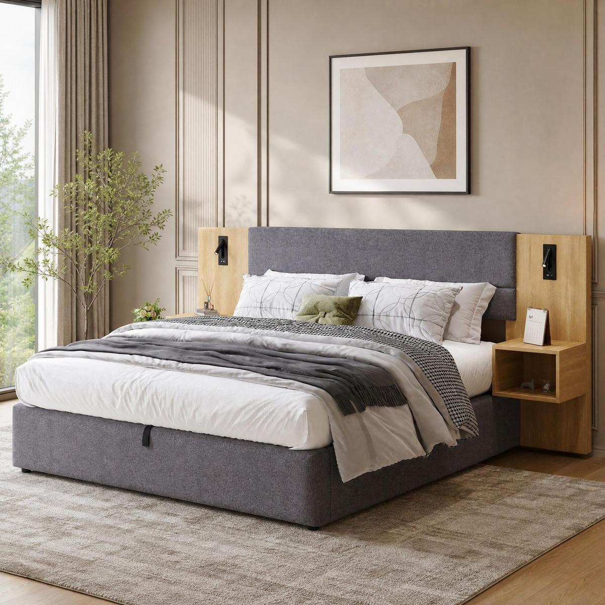 POLSTERBETT 160/200 mit Bettkasten, USB, LED und 2 Nachttischen mit Stauraum in Grau + Natur - Grau, Holzwerkstoff/Textil (160/200cm) - EVRYAE