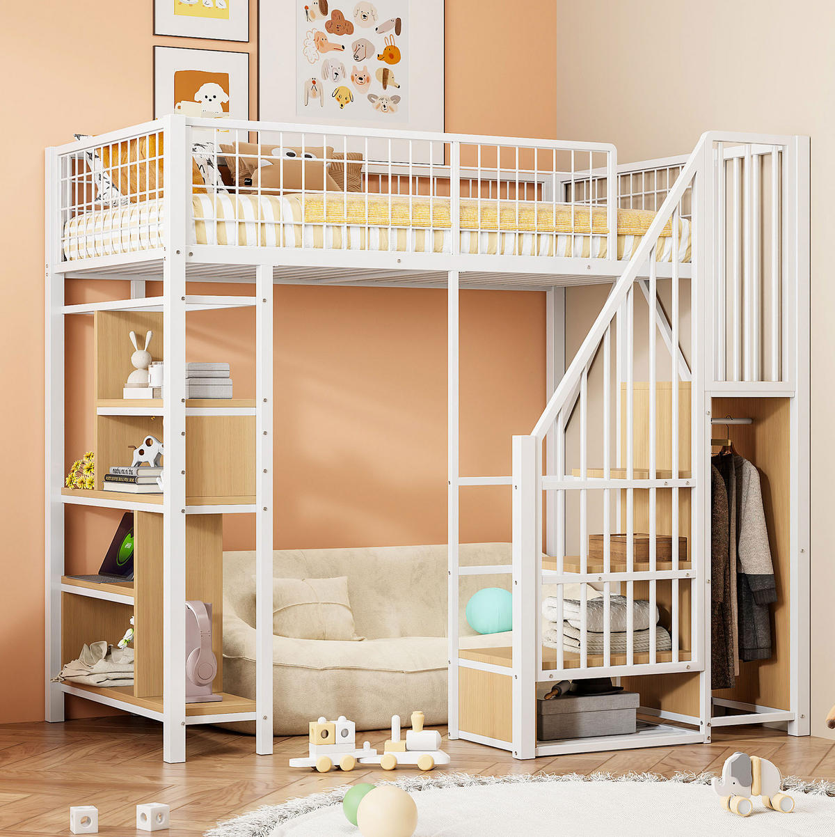 HOCHBETT 90/200 cm mit Stauraumtreppe und offenen Fächern, platzsparend, Weiß - Weiß, Metall (90/200cm) - Redom