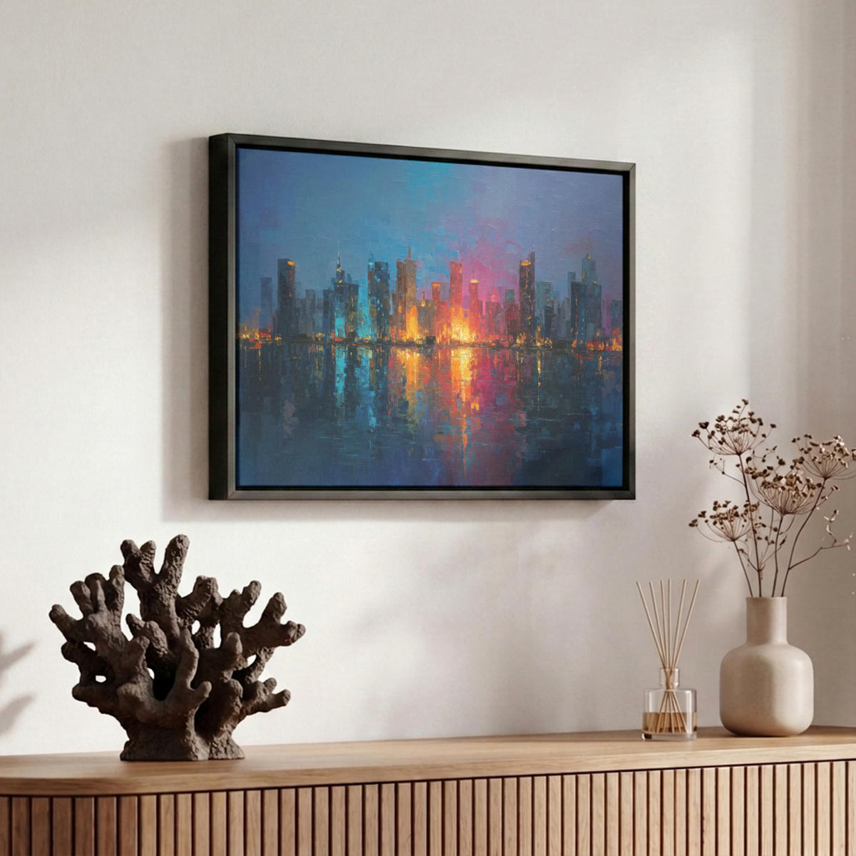 LEINWAND Bilder mit Rahmen - Skyline - Pinselstriche - Dunkelblau - Leuchtend - 30x20 - Blau, Textil (30/20cm) - MuchoWow