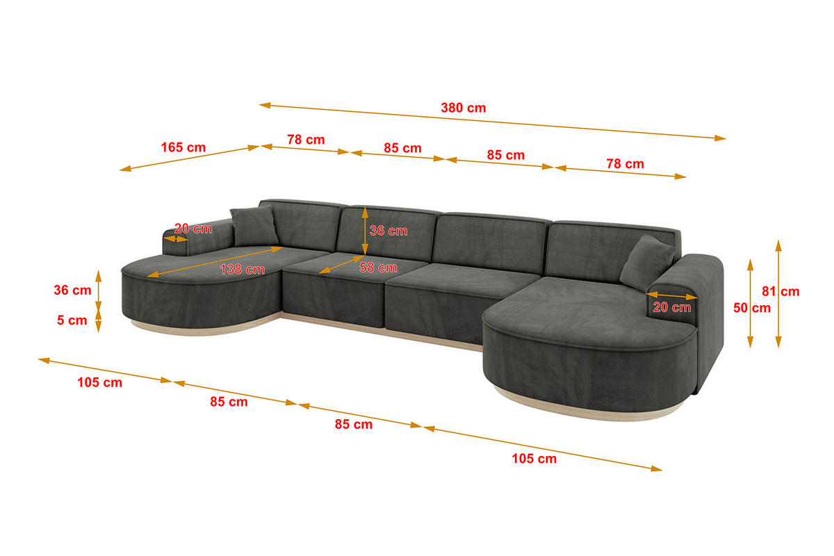 WOHNLANDSCHAFT MARI-U2-v1 - 388x171x83 cm Dunkelgrau Velours - Dunkelgrau, Holzwerkstoff/Textil (388/83/171cm) - ALTDECOR