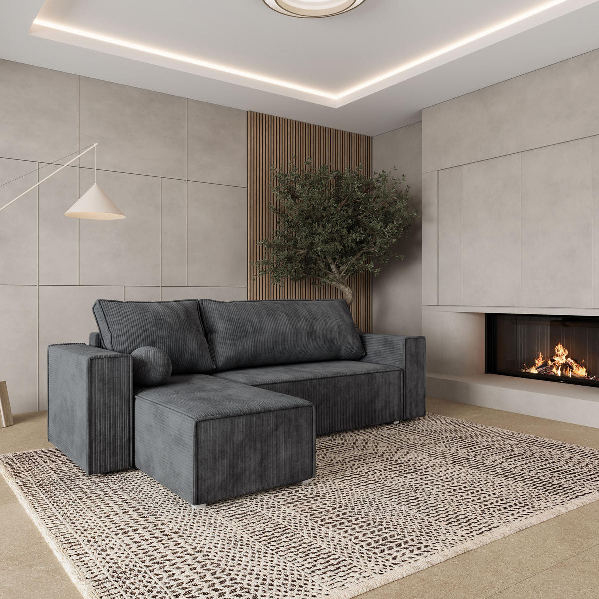 ROHOVÁ SEDAČKA RAVELO grafitová - šedá/grafitová, dřevo/textil (240/140cm) - MASSENO