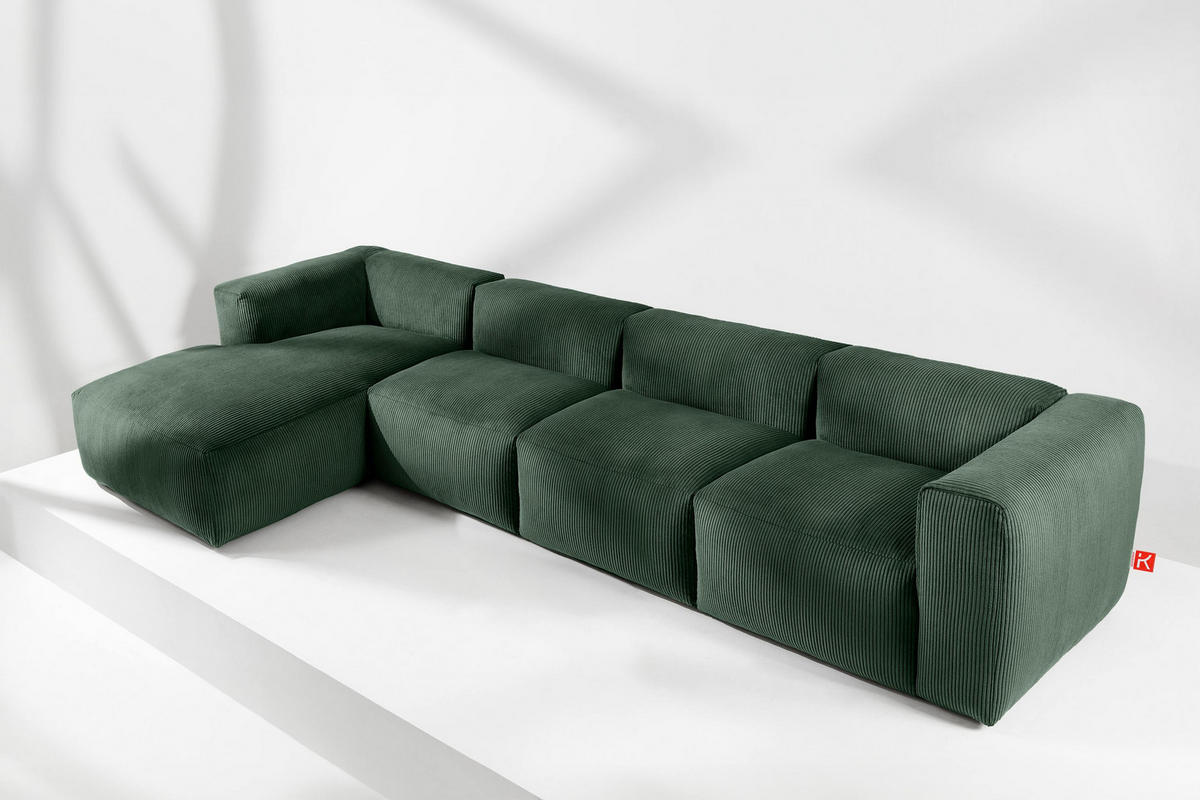 ECKMODULSOFA-LINKS BUFFO 6-Sitzer mit extrem weicher Sitzfläche, Kordstoff, dunkelgrün - Dunkelgrün, Textil (377/180cm) - KONSIMO®