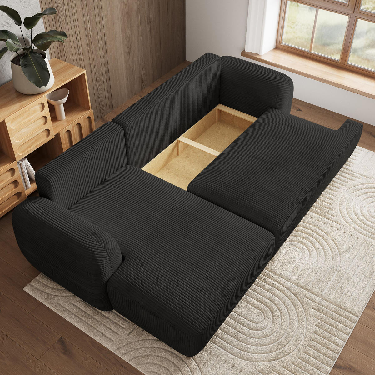ECKSOFA MODENZA P L-S Schwarz Kordstoff mit Schlaffunktion - Schwarz, Holz (266/148cm) - MASSENO