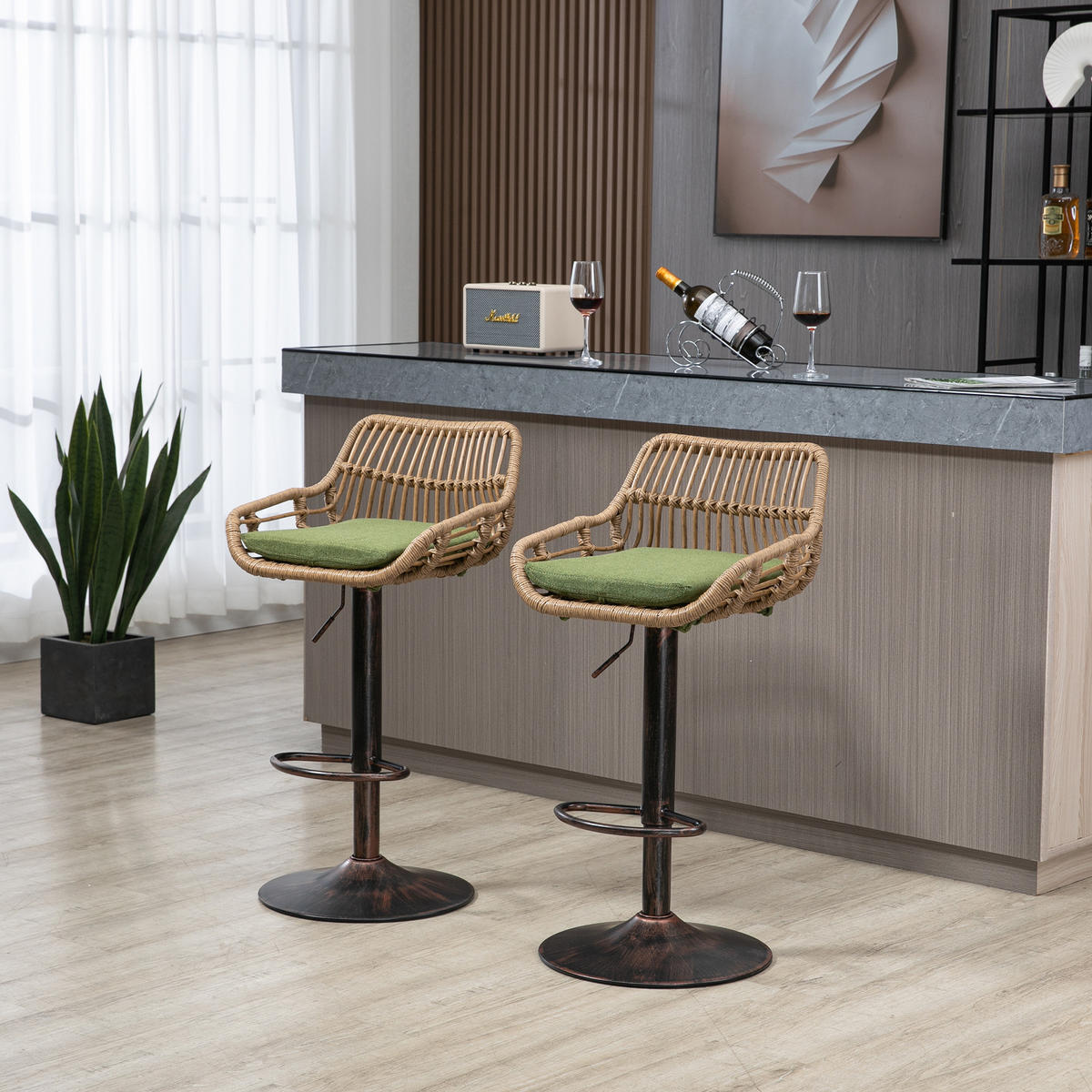 BARHOCKER 2er-Set drehbar mit Rattan und Höhenverstellung, Grün - Grün, Textil (49/89/48cm)