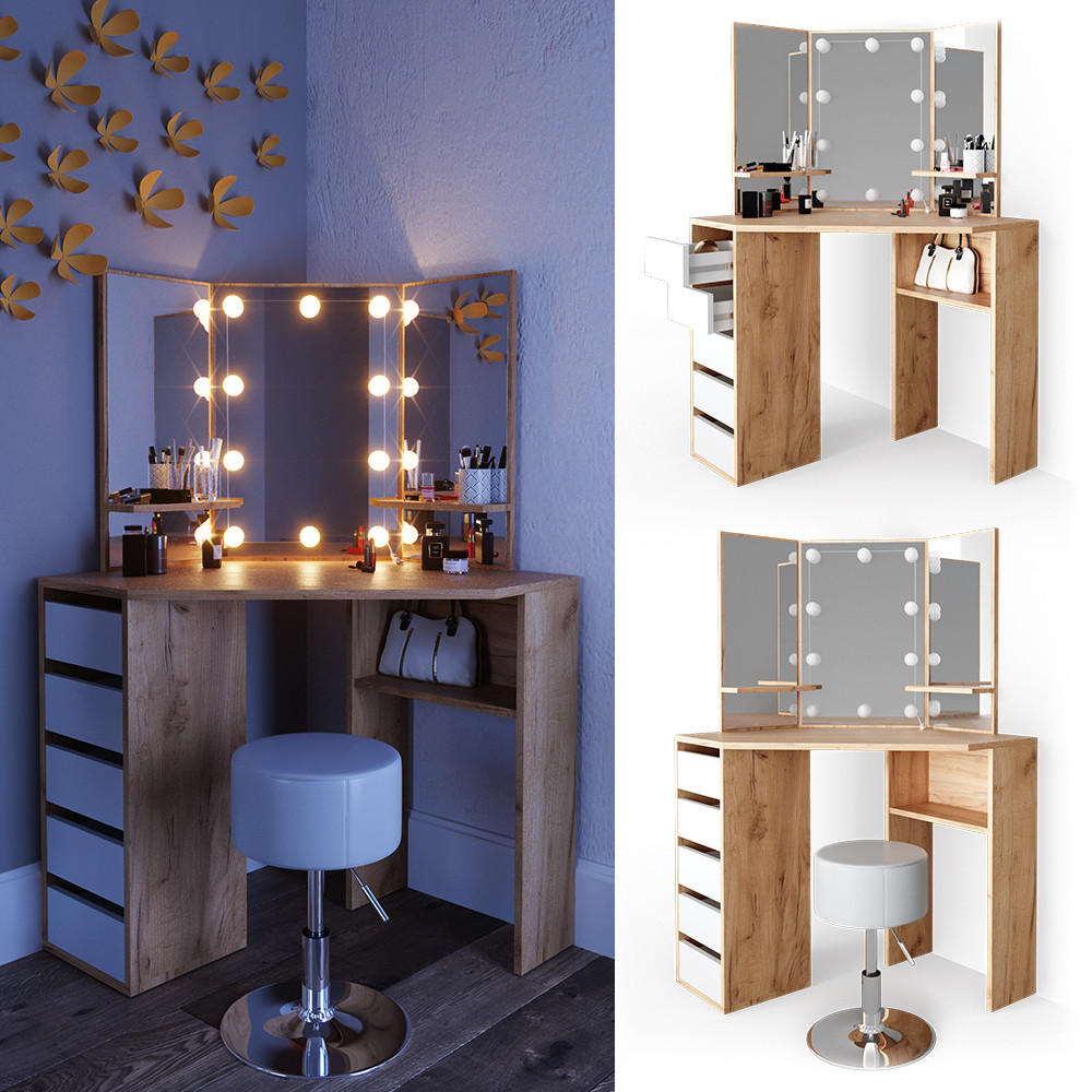 ECKSCHMINKTISCH Arielle Goldkraft Eiche 110 cm mit LED Beleuchtung und Hocker - Eiche Wotan, Holzwerkstoff (110/141.5/54cm) - Vicco