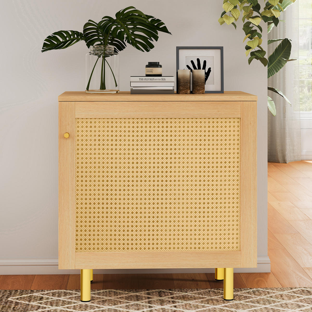 SIDEBOARD aus MDF 40x60x63 cm Natur mit Rattantür, Regalboden und goldfarbenen Metallbeinen - Naturfarben, Holzwerkstoff (60/63/40cm) - Modfu