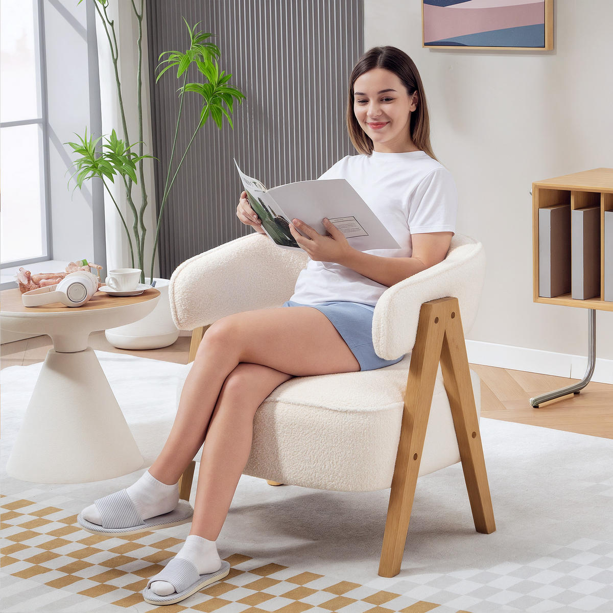 SESSEL gepolsterter Loungesessel mit Armlehnen, Fleece-Optik, Weiß - Weiß/Naturfarben, Holz/Textil (64/71/70cm) - HOMCOM