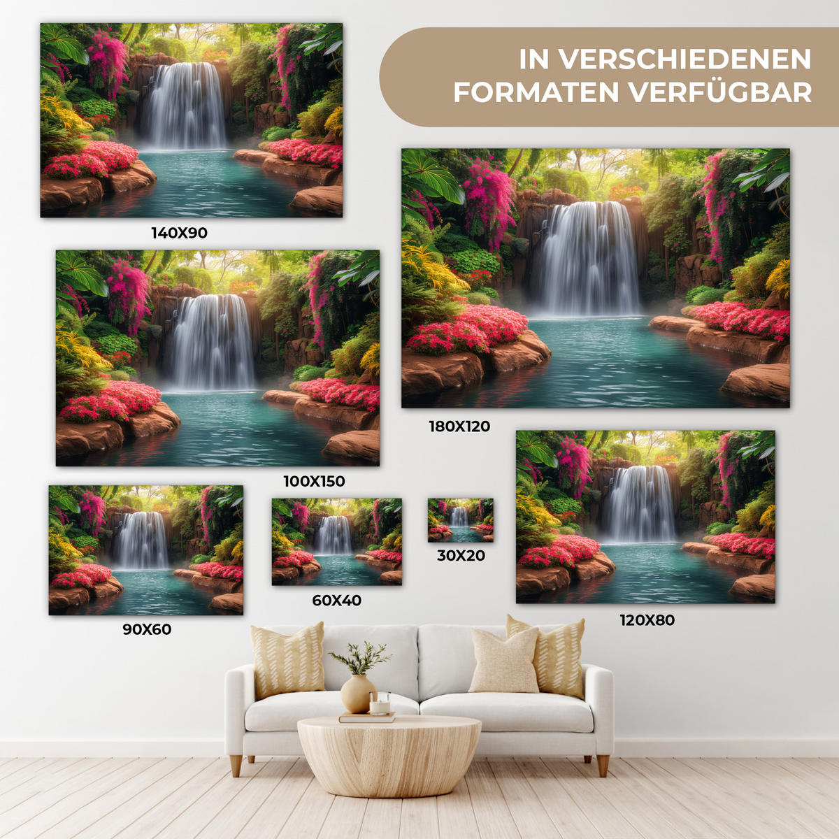 LEINWANDBILD Wasserfall - Natur - Pflanzen - Dschungel - Wasser Groß 140x90 cm - Grün, Textil (140/90cm) - MuchoWow