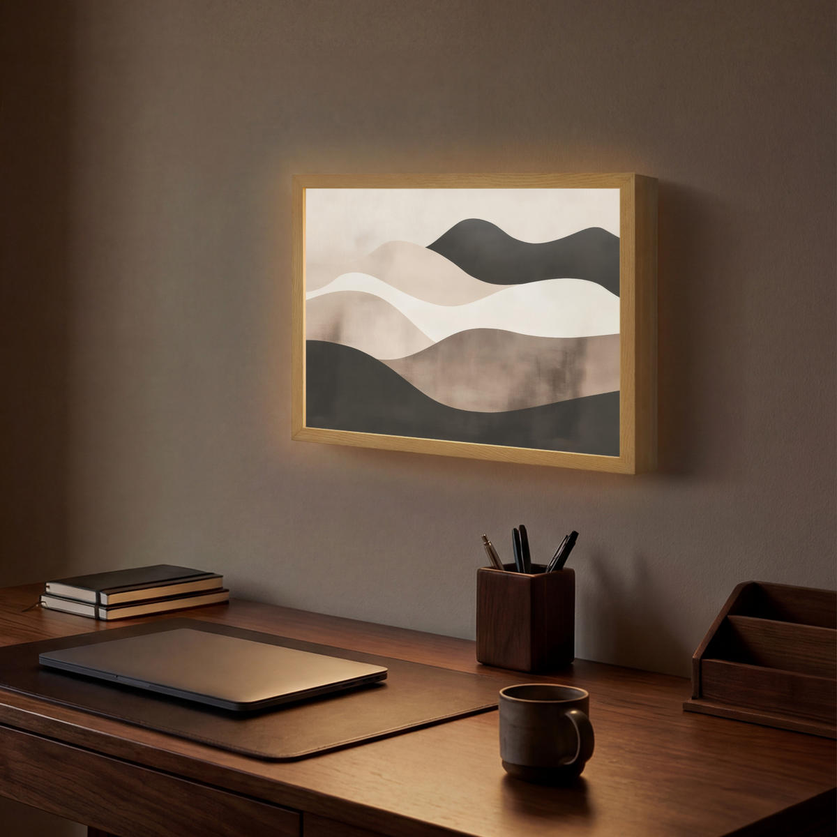 NÁSTĚNNÁ LAMPA S AKUMULÁTOREM Abstraktní - Krajina - Vlny - Krémová barva 40x30 cm - šedohnědá, kompozitní dřevo (40/30/8cm) - OnlyWow