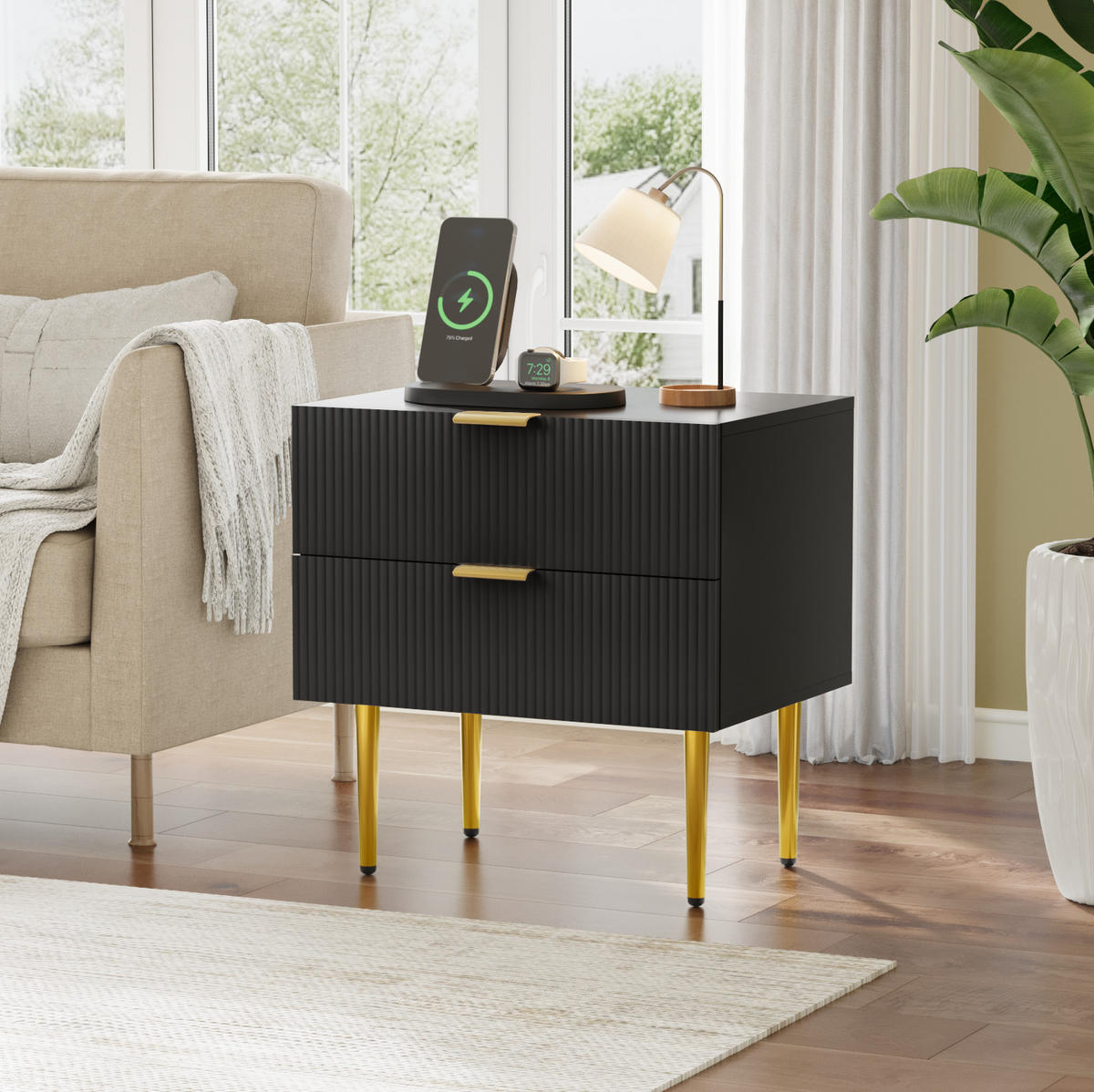 ESSTISCH 53/41,5 cm Schwarz aus MDF und Metall mit 2 Schubladen - Schwarz, Holzwerkstoff (41.5/53/52.5cm) - OKMYHOME