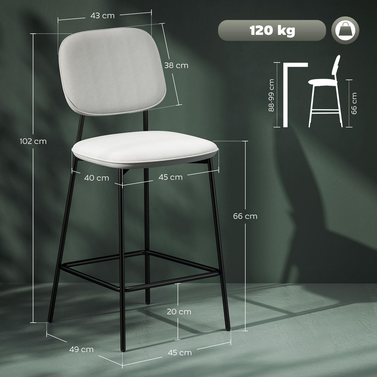 2ER-SET Barhocker, Bistrohocker mit Fußstütze, Samt-Bezug Stahlbeinen Hellgrau - Hellgrau/Schwarz, Textil/Metall (45/102/49cm) - HOMCOM