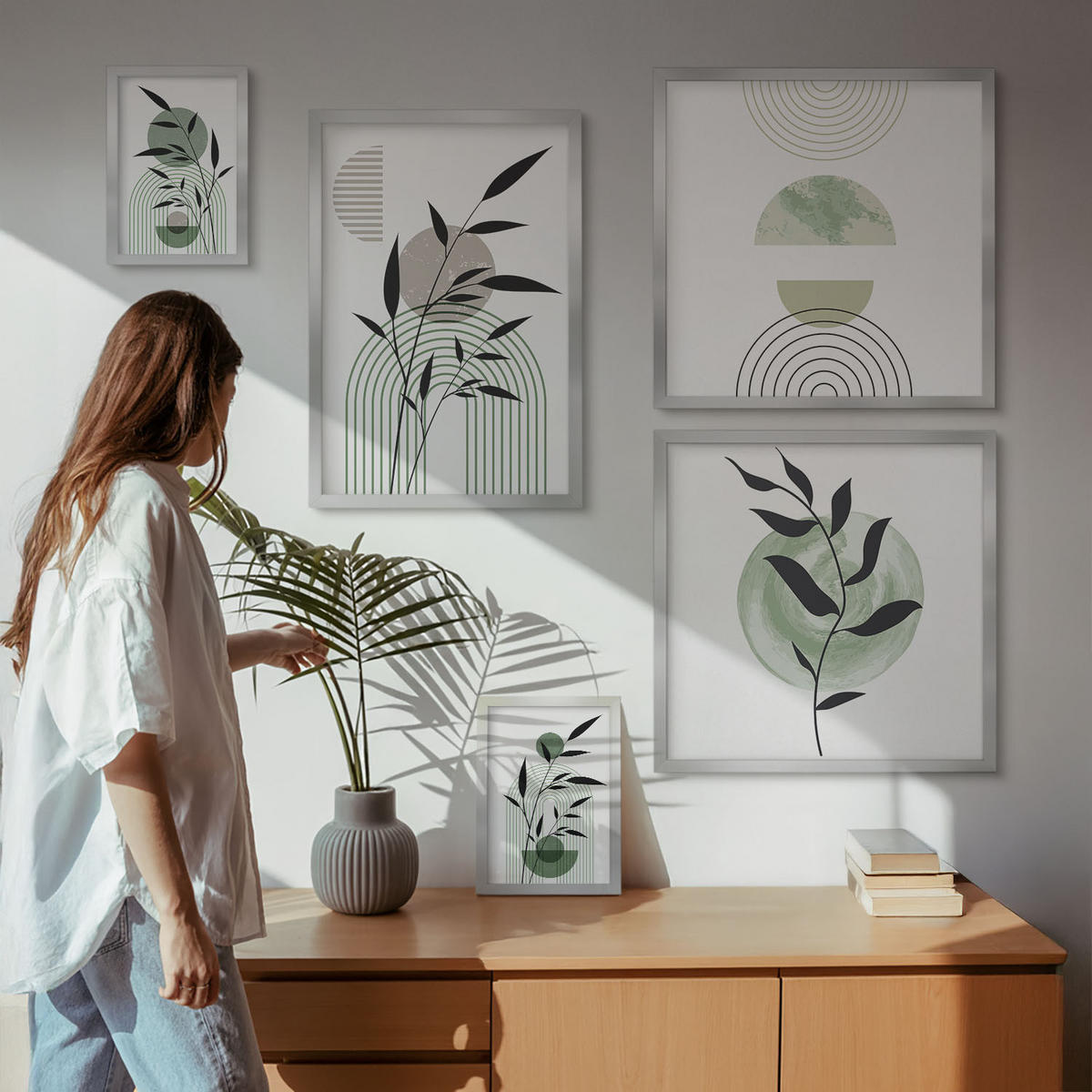 WANDBILDER 5er Set - 50x50 cm & 20x30 cm & 40x60 cm Silberner Rahmen - Boho-Pflanzenkompositionen - Silberfarben, Kunststoff (40/60cm) - ArtPrintCave