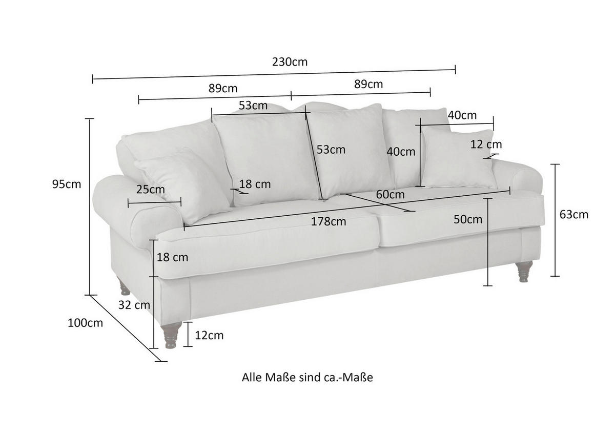 SOFA blaugrün Landhaus, Couch 3,5-Sitzer 230 cm - Dunkelgrün, Holz/Textil (230/95/100cm) - Furn.Design