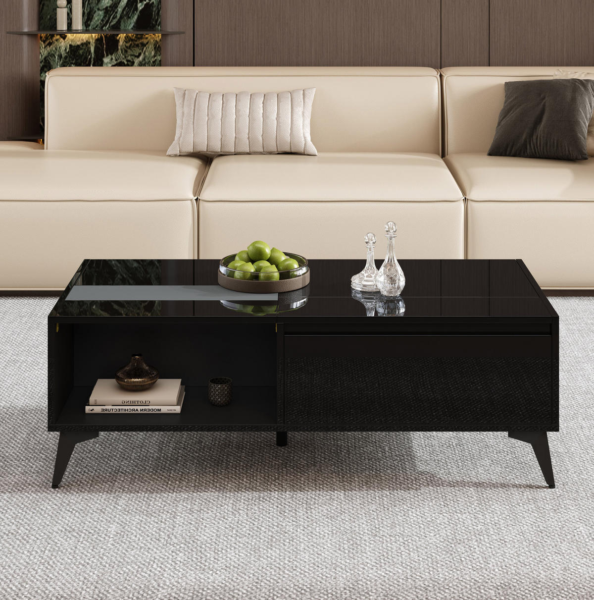 COUCHTISCH 110/50/48 cm mit Hebemechanismus, Stauraum und offenen Fächern aus Spanplatte, Schwarz - Schwarz, Holzwerkstoff (110/50/48cm) - Redom