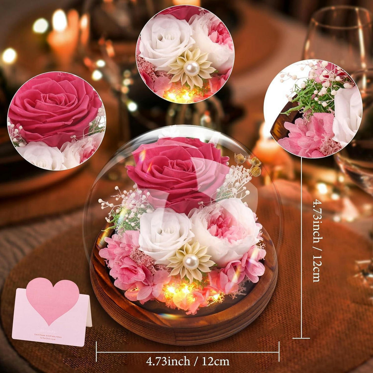GLASROSE Ewige Rose Rosa mit Holzsockel - Multicolor, Holz (15cm)