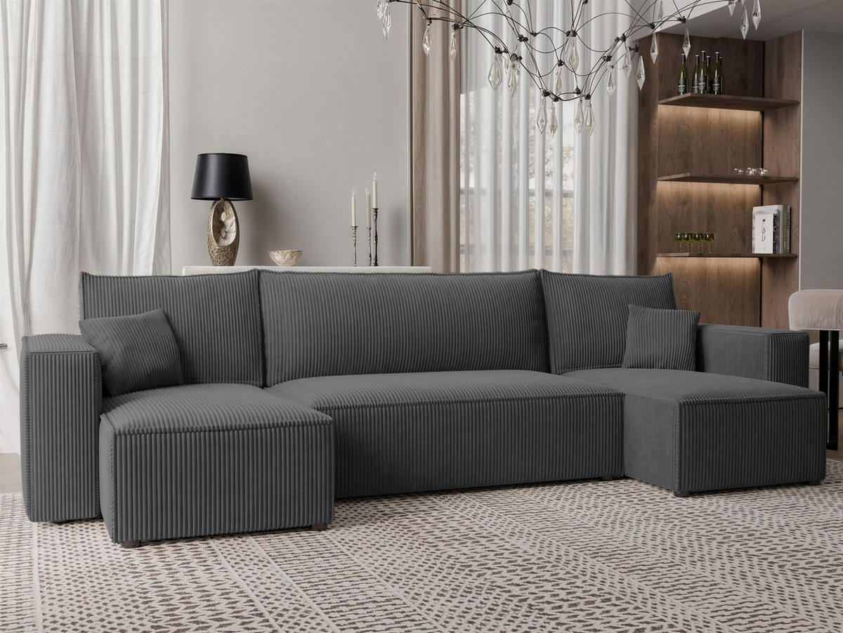 WOHNLANDSCHAFT Adara Schlaffunktion - Dunkelgrau, Holzwerkstoff/Textil (312/83/145cm) - Fun Möbel