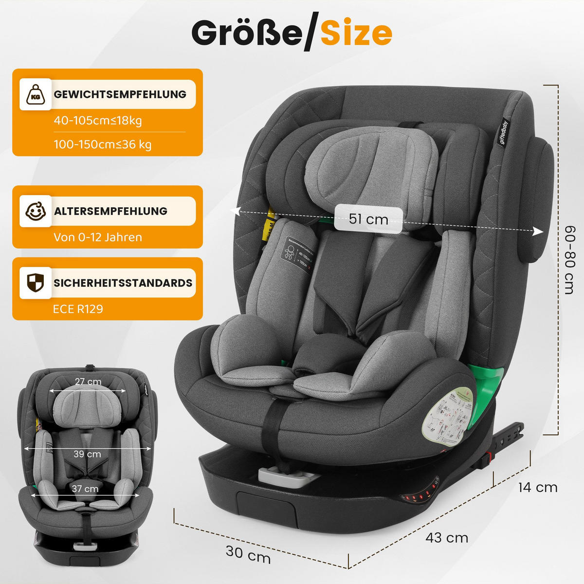 AUTOKINDERSITZ 360° Drehbarer i-Size Kindersitz mit ISOFIX, 40-150 cm - Grau, Textil (51/80/57cm) - BEXEVUE