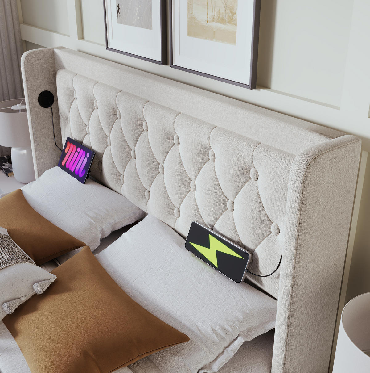 POLSTERBETT 140/200 cm mit Bettkasten, LED und USB-C in Beige - Beige, Textil (140/200cm) - BEAOK