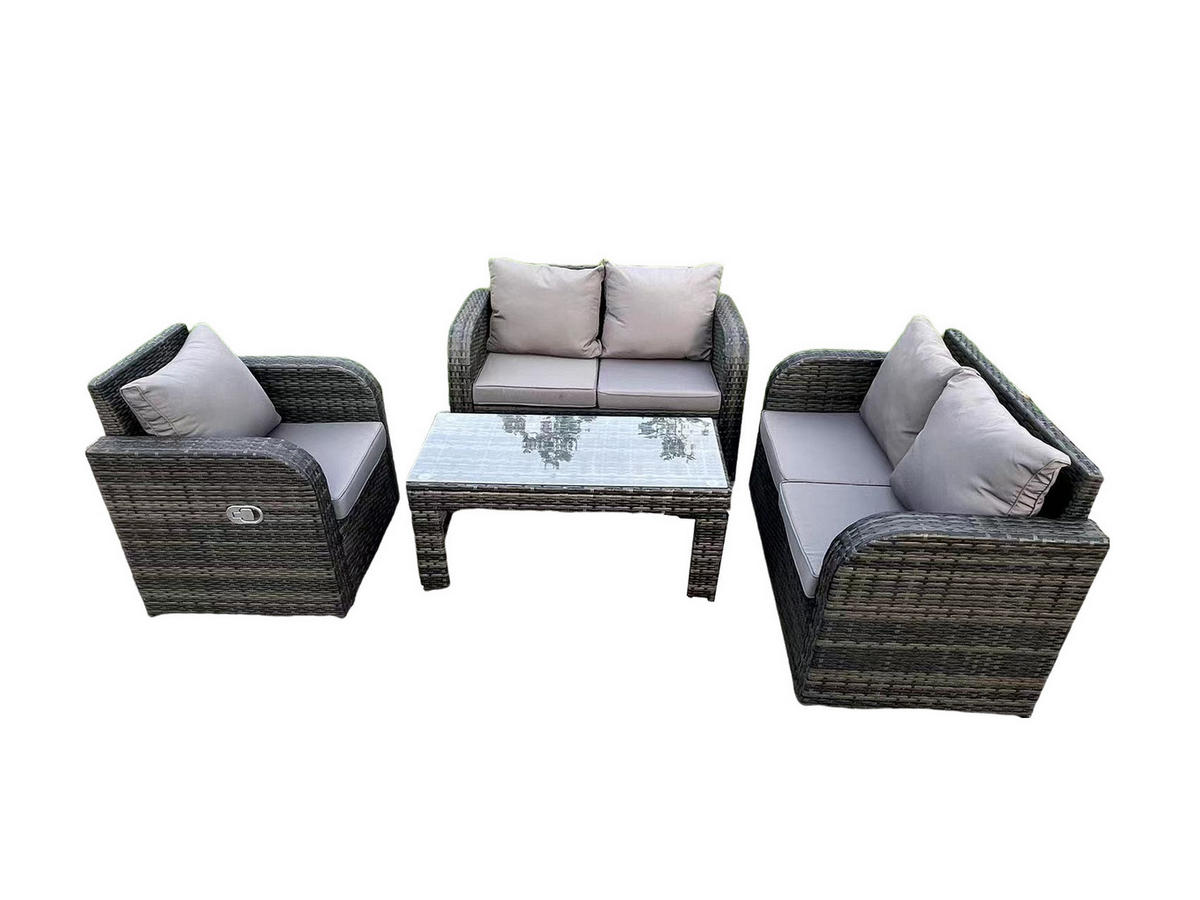 GARTENTISCHGRUPPE Polyrattan 5-Sitzer - Dunkelgrau/Grau, Glas/Kunststoff - Fimous