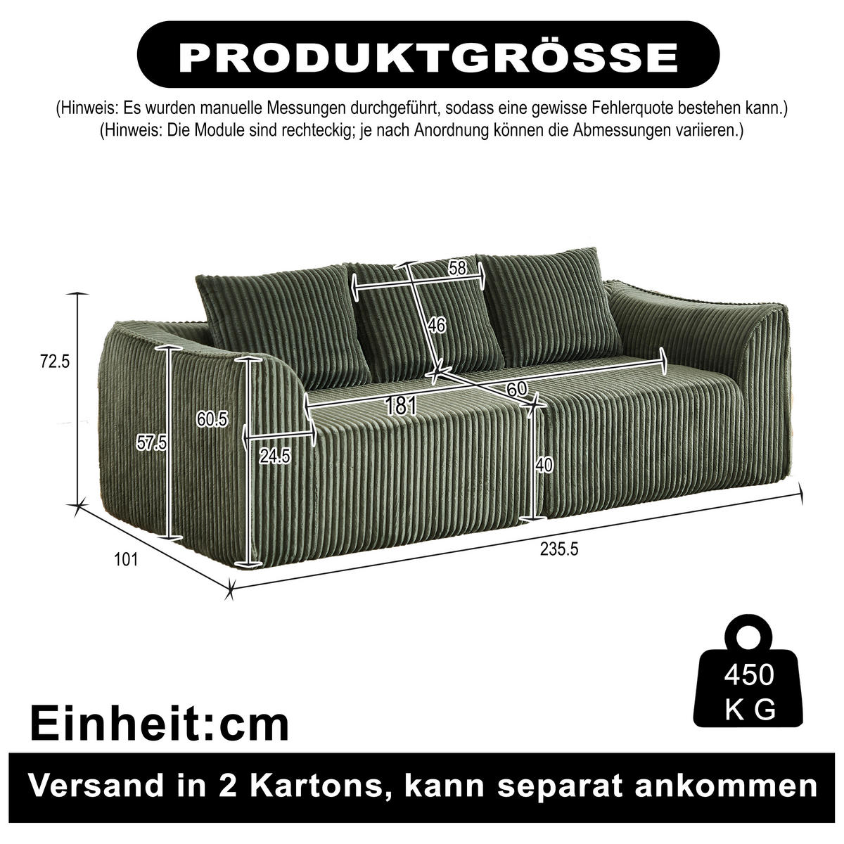 3-SITZER SOFA Cord Grün mit 2 Kissen - Grün, Textil (235.5/72.5/101cm) - WISHDOR