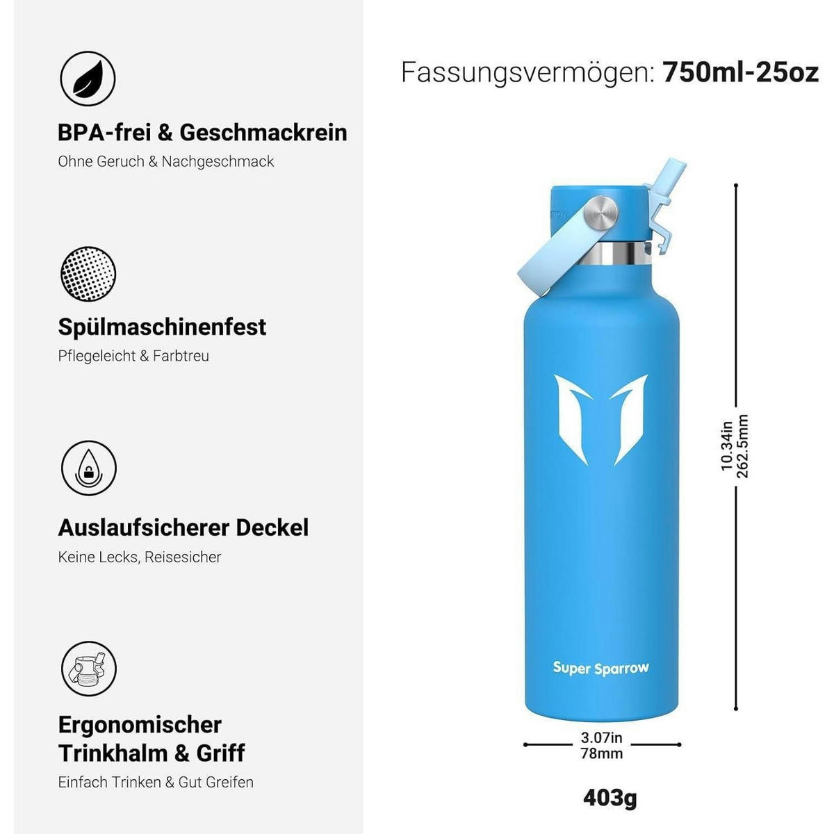 TRINKFLASCHE Edelstahl 750 ml Himmelblau - Hellblau, Metall (7.5/7.5cm)