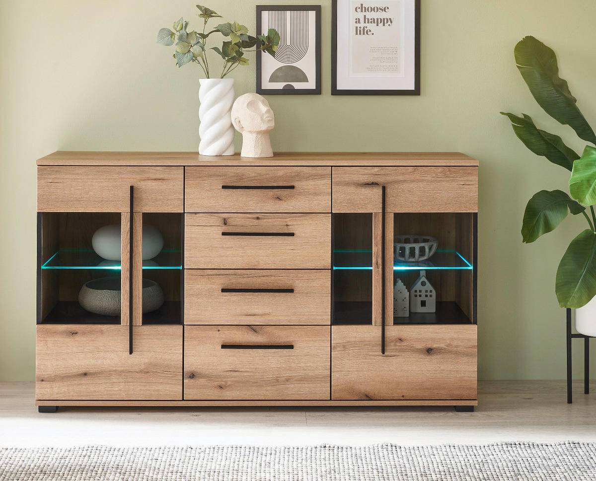 SIDEBOARD Eiche Evoke, Kommode 150 cm mit Beleuchtung - Eichefarben/Schwarz, Glas/Holzwerkstoff (150/86/42cm) - Furn.Design