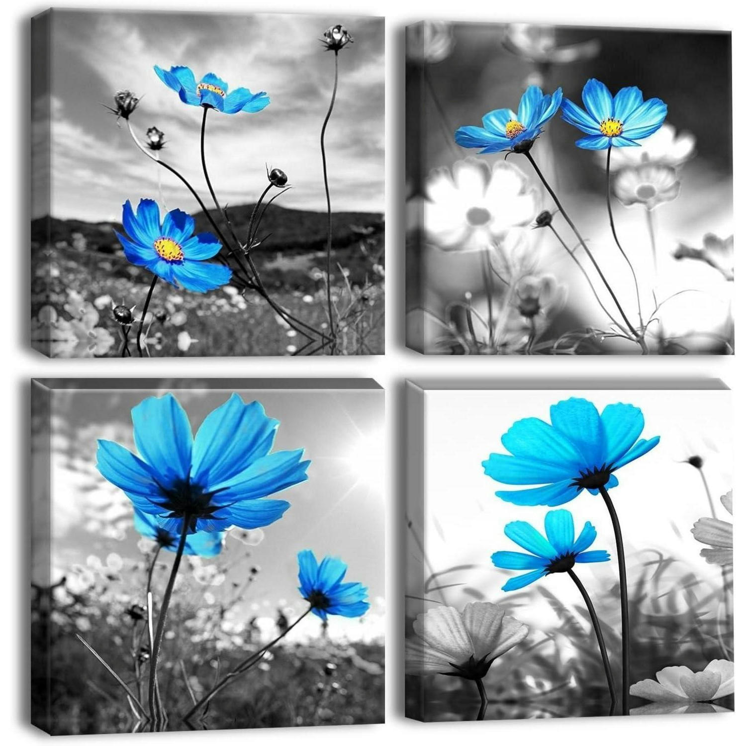 LEINWANDBILD 4-teiliges Set Blaue Blumen 30 x 30 cm - Blau, Textil (30/0.5cm)