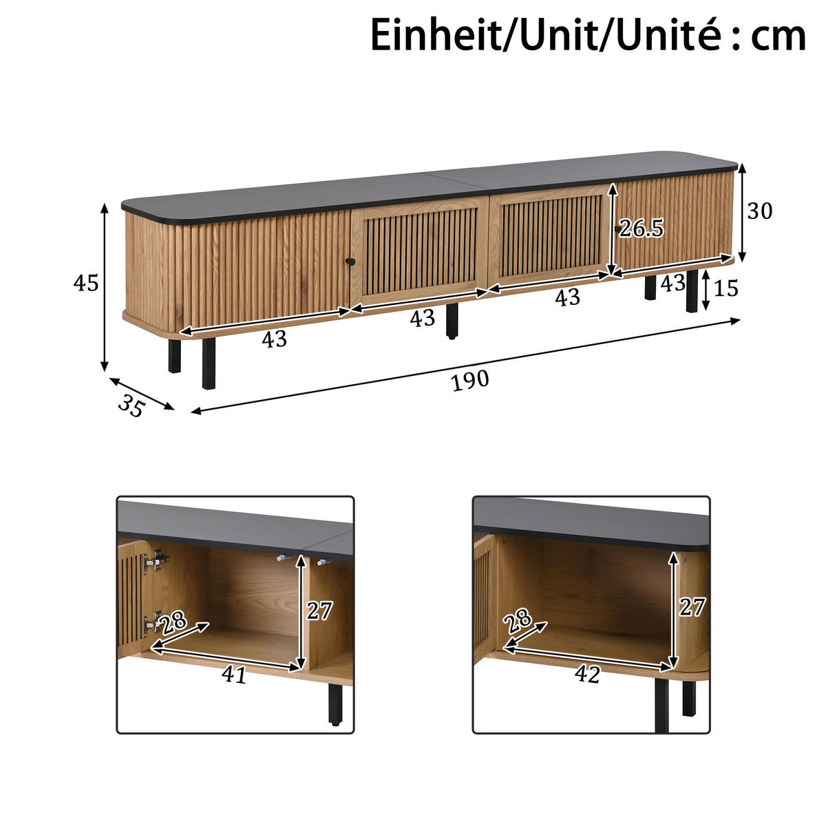 TV-LOWBOARD 190 x 30 x 45 cm, 2 Schiebetüren, Rattanoptik, runde Metallgriffe, Natur - Naturfarben, Holzwerkstoff (190/45/30cm)