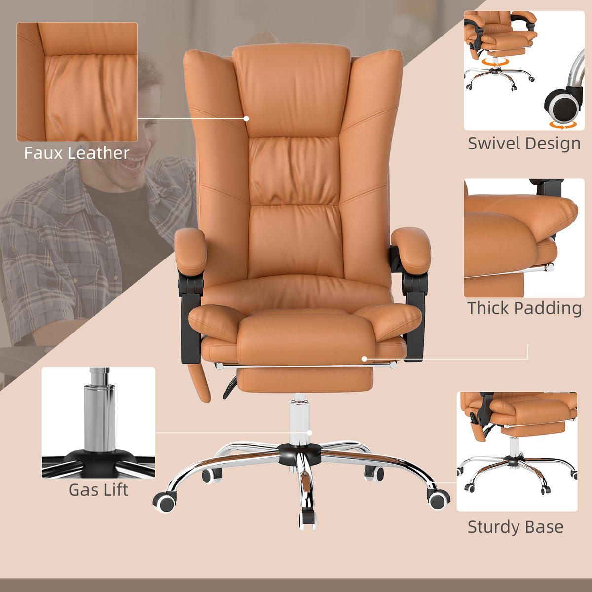KANCELÁŘSKÁ ŽIDLE s masážní funkcí Ergonomické křeslo s vyhříváním - hnědá, plast (70/118/64cm) - Vinsetto