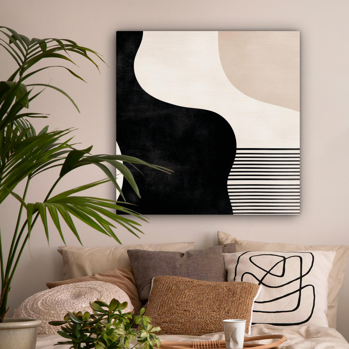 LEINWANDBILD Abstrakt - Japandi - Beige - Modern Deko Groß 90x90 cm - Schwarz, Textil (90/90cm) - MuchoWow