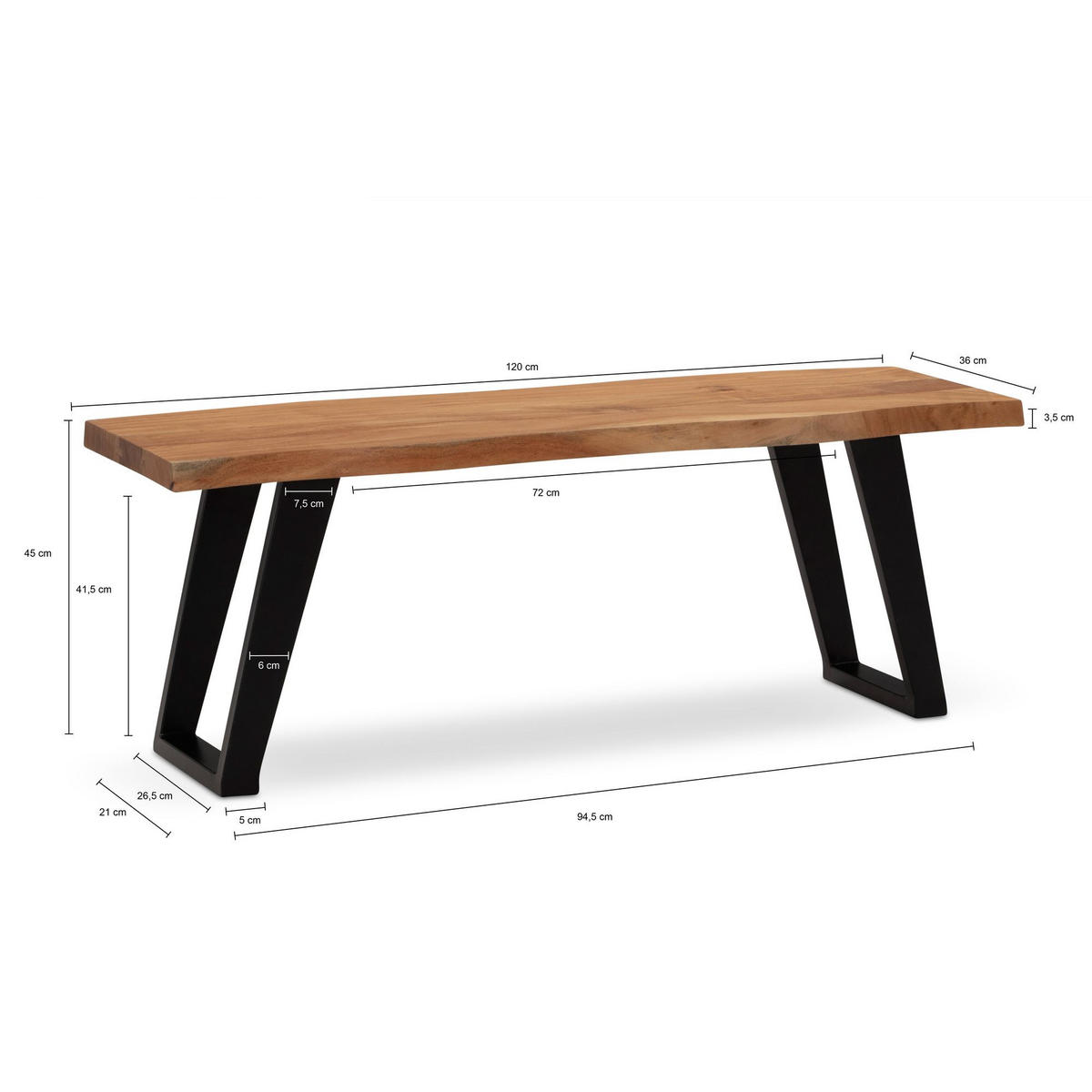 SITZBANK – Akazie Massivholz/Metall, 120x40x45,5 cm, mit Baumkante, U-Beine - Schwarz/Braun, Holz/Metall (120/46/40cm) - KADIMA DESIGN